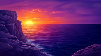 Golden Sunset over Deep Purple Sea - Cartoon Style Coastal Illustration on White Background for Banners and Websites