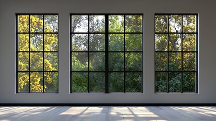 Fototapeta premium Serene View: Large Windows Showcasing Lush Greenery