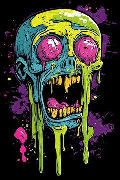 Melted skull illustration with vibrant colors and grunge splatters.
