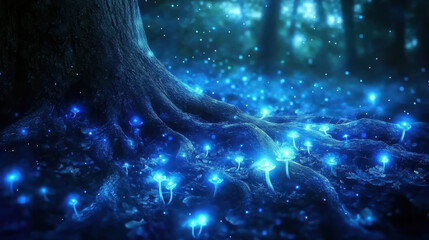 Fototapeta premium An enchanted forest lit by soft moonlight, ancient tree roots intertwined with glowing crystals and small mushrooms emitting a warm bioluminescent glow. Background includes faint silhouettes of mythic