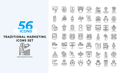 A set of line icons related to Traditional Marketing icons.  analytics, business, campaign, communication, design, development, digital, internet, line, management, market, and so on others.
