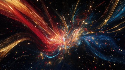 Fototapeta premium Colorful abstract fireworks with glowing streaks of red, gold, and silver over a deep midnight sky.