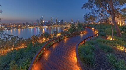 Fototapeta premium Serene wooden walkway winding through parkland, overlooking city skyline at dusk.