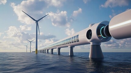 Hydrogen Pipeline Running Alongside Wind Turbines in Ocean Setting