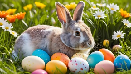 cartoon style, Illustration, easter bunny in the grass with beautiful colored easter eggs