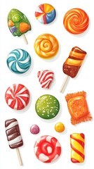 A Vibrant Collection of Delicious and Colorful Candies and Lollipops.  A delightful display of sweet treats, perfect for any occasion.  Enjoy the visual feast of these sugary delights.