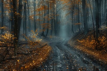 Fototapeta premium autumn misty forest 32k uhd insane details