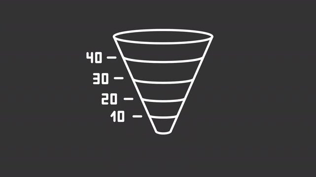 Animated funnel graph white icon. Marketing strategy chart appearance line animation. Business research diagram. Isolated illustration on dark background. Transition alpha video. Motion graphic
