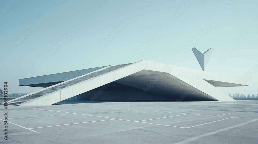 Poster modern architectural structure with angular design and stairs.