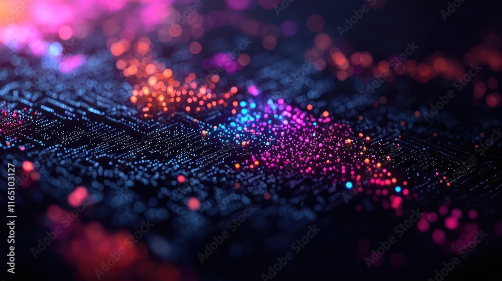 Aufkleber Cosmic abstract background idea. Abstract close-up view of colorful digital particles on a dark background.