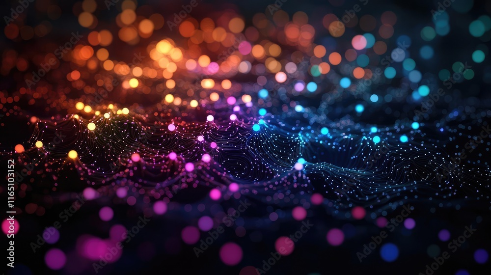 Poster Cosmic abstract background idea. Colorful abstract design featuring glowing dots and sparkling light effects.