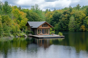 Serene Lakeside Cabin Surrounded by Vibrant Autumn Foliage in a Tranquil Setting