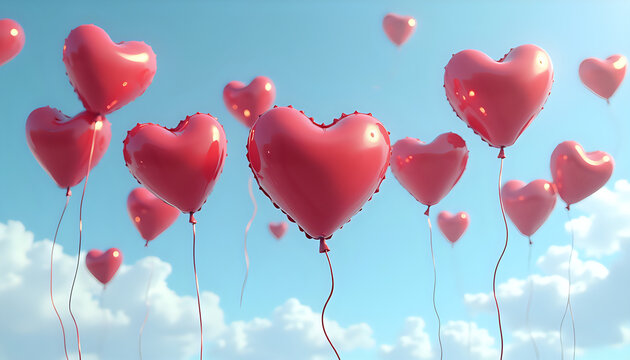 red balloons in the shape of a heart floating against a blue sky with clouds
