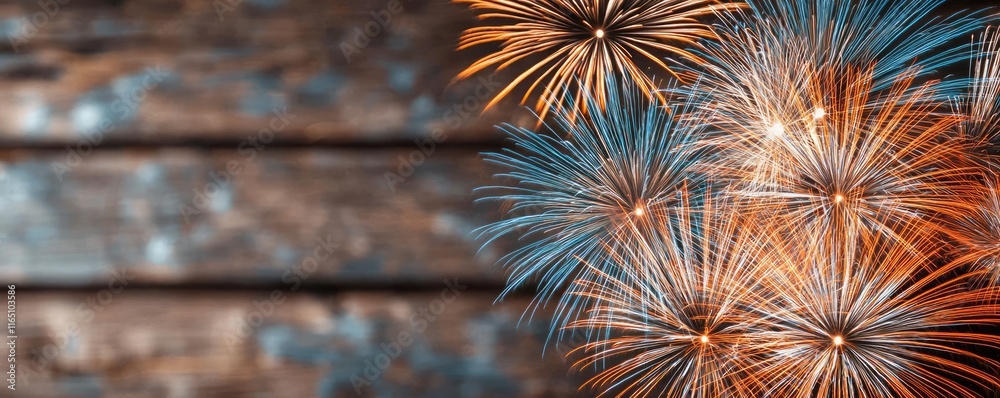 Poster fireworks abstract background idea. colorful fireworks display illuminating a rustic wooden backgrou
