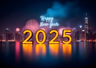 Happy New Year 2025. Decorated citylight skyline, fireworks and celebration background.