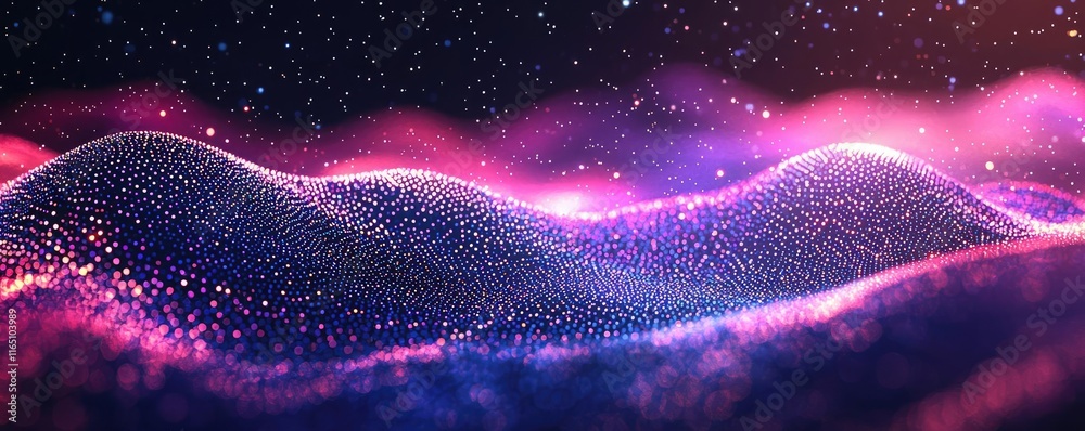 Poster Cosmic abstract background idea. Abstract digital landscape with glowing waves and vibrant colors over a starry background.