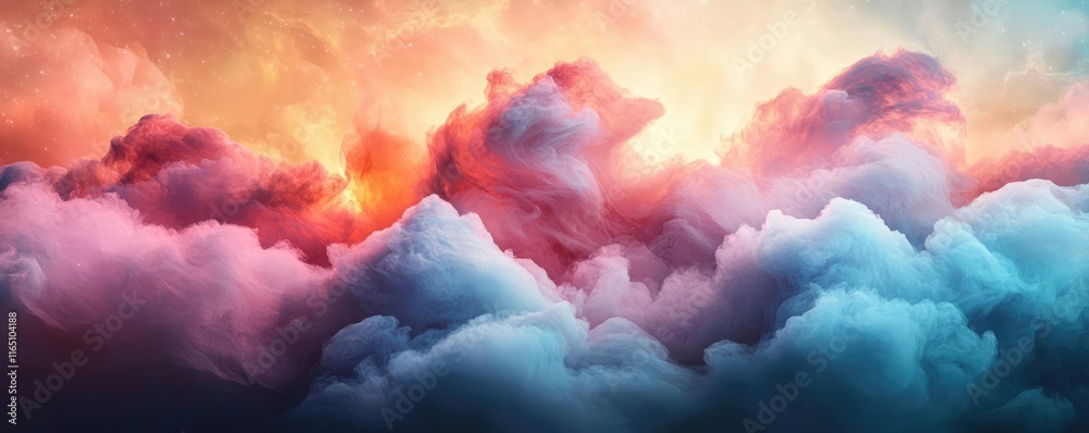 Poster Cosmic abstract background idea. A stunning view of colorful clouds illuminated by a vibrant sunset, showcasing nature's beauty.