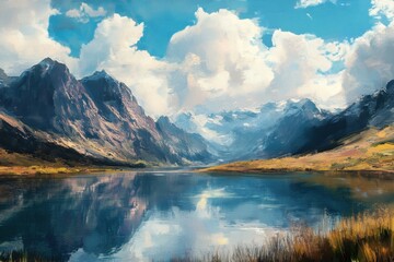 Majestic Mountain Landscape With Calm Lake and Dramatic Clouds Reflecting in Water During Late Afternoon