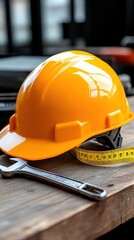 A bright orange hard hat rests on a wooden surface beside a measuring tape and a wrench, symbolizing safety and construction tools.