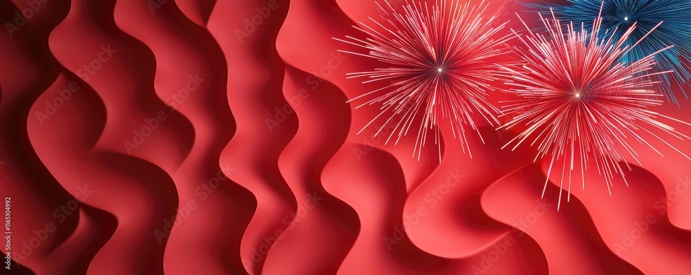 Poster fireworks abstract background idea. vibrant red waves background with colorful fireworks for festive