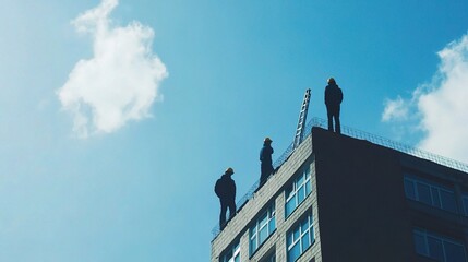 Construction Workers Installing Rooftop Features on a High Building