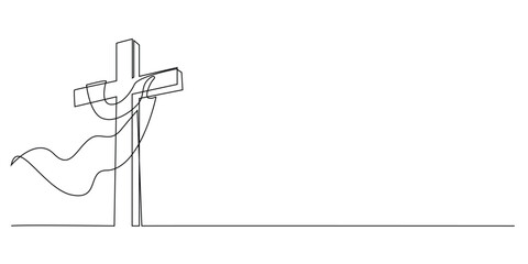 continuous line drawing of a cross with a flying cloth.one line drawing of the sign of Jesus' crucifixion wrapped around a flying cloth.single line vector illustration.isolated on white background