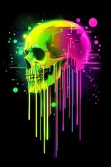 Neon skull dripping vibrant paint, black background.