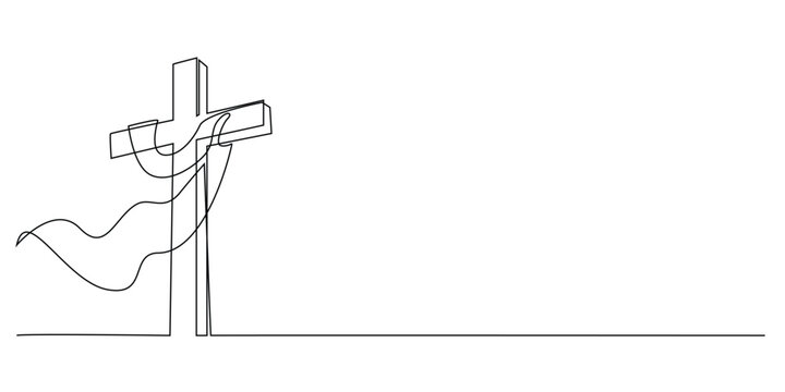continuous line drawing of a cross with a flying cloth.one line drawing of the sign of Jesus' crucifixion wrapped around a flying cloth.single line vector illustration.isolated on white background