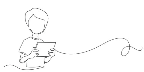 continuous line drawing of boy holding tablet.one line drawing of young man carrying tablet.simple single line vector illustration.isolated white background