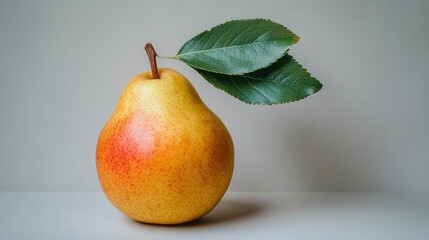 A ripe pear with a leaf on a neutral background.