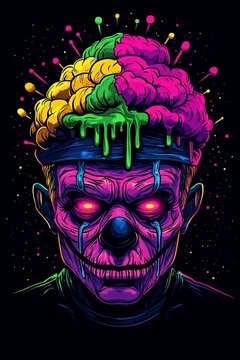 Neon zombie clown head with dripping brain, vibrant colors, dark background.