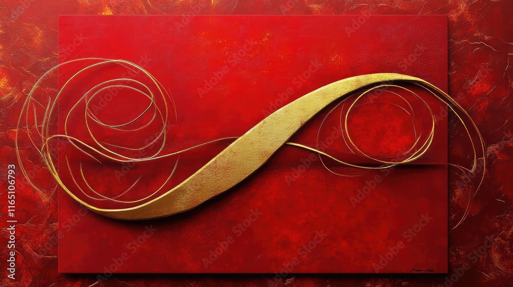 Fototapete contemporary red envelope design with abstract gold swirls and textured red background, reflecting e