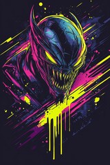 Neon-colored monster portrait with sharp teeth and glowing eyes against a dark background with paint splashes.