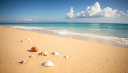 Seashells scattered on a tranquil sandy beach