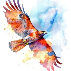 A Vibrant Watercolor Painting of a Red-Shouldered Hawk in Flight Against a Blue and White Background.
