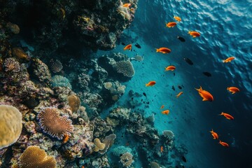Naklejka premium Vibrant Coral Reef Teems With Colorful Fish in Clear Blue Waters During a Sunny Afternoon