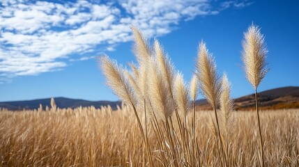 Obraz premium Pampas grass in a field under a blue sky.