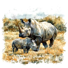 Watercolor Painting of a Mother White Rhinoceros and her Calf in the African Savanna.