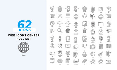 A set of line icons related to Web icon Center. bicycle icons, call icons, communication icons, compass icons, connection icons, connectivity icons, and so on others.