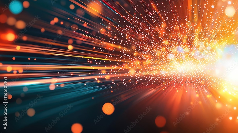 Poster Fireworks abstract background idea. Vibrant abstract light particles and rays creating a dynamic visual explosion.