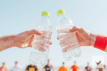 Energetic Charity Marathon Volunteers Handing Water Bottles to Runners