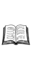 A thick-lined doodle of a book with visible pages and an open cover, drawn in bold outlines with no fill color, on a plain white background.

