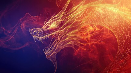 Dragon head outlined in glowing golden lines with swirling red smoke effects on a gradient backdrop.