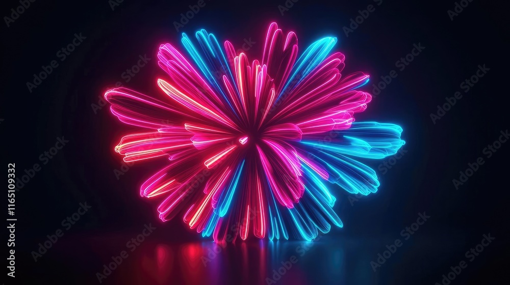 Poster fireworks abstract background idea. vibrant neon abstract flower shape with blue and pink glowing li