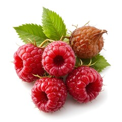 Ripe raspberries with leaves isolated on white background