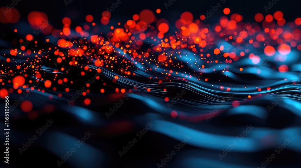 Poster Fireworks abstract background idea. Vibrant abstract background of flowing waves with glowing particles in blue and red.