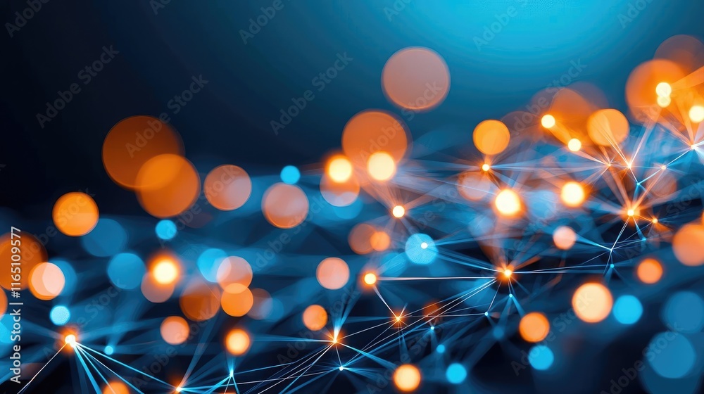 Poster Fireworks abstract background idea. Abstract digital network with glowing lines and nodes in blue and orange colors.