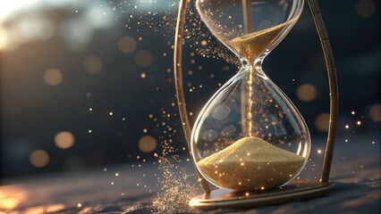 Golden sand flows through an hourglass, time's passage beautifully depicted against a bokeh background.  A visual metaphor for the fleeting nature of moments and the continuous march of time.