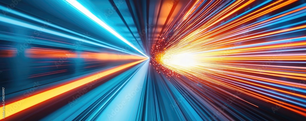 Poster Fireworks abstract background idea. Abstract image conveying speed and motion with vibrant light trails in blue and orange.