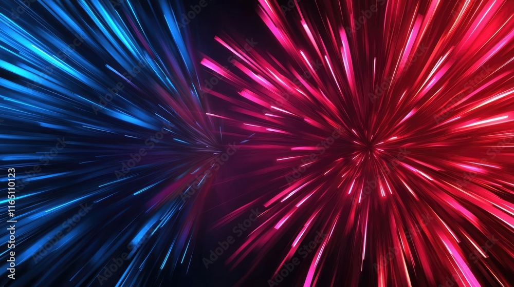 Poster Fireworks abstract background idea. Dynamic burst of red and blue light, creating a vivid and energetic visual effect.